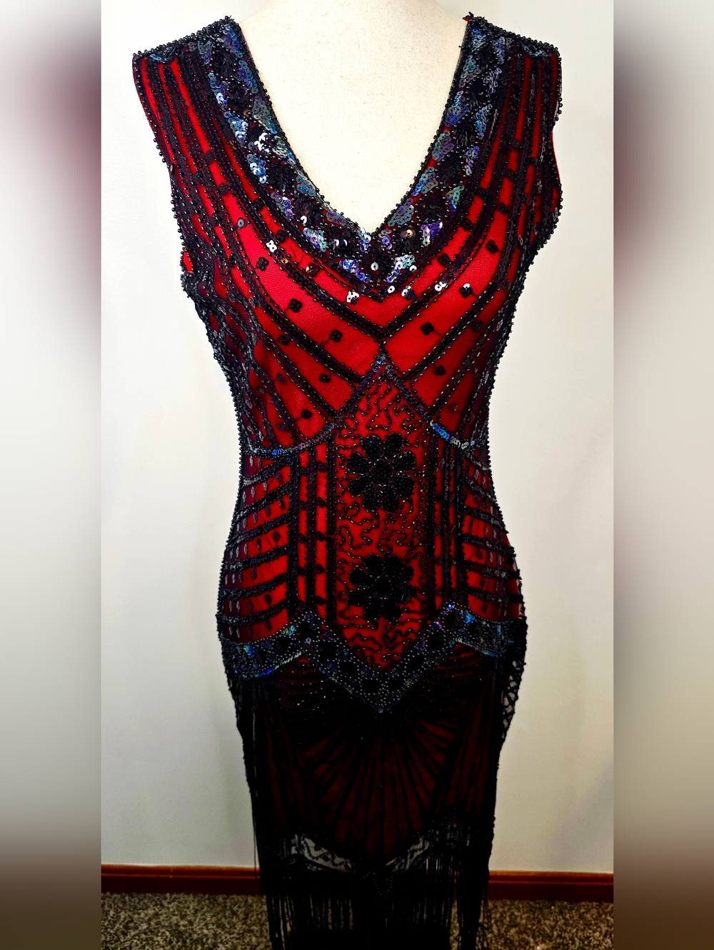 Red Black Beaded Flapper Dress Fringe Gatsby 1920s Art Deco Glam Dark Femme